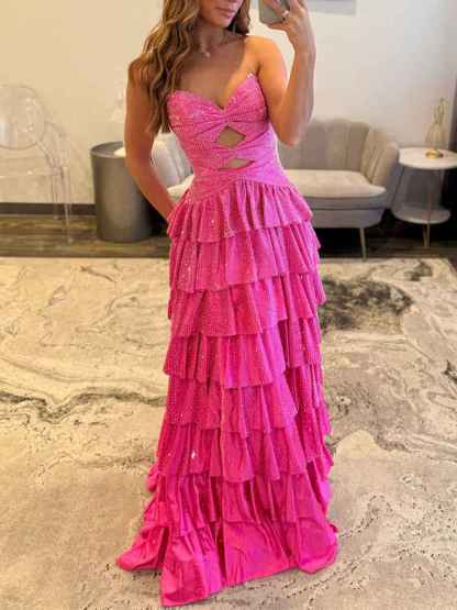 A Line Strapless Sweetheart Satin Long Prom Dress with Keyhole