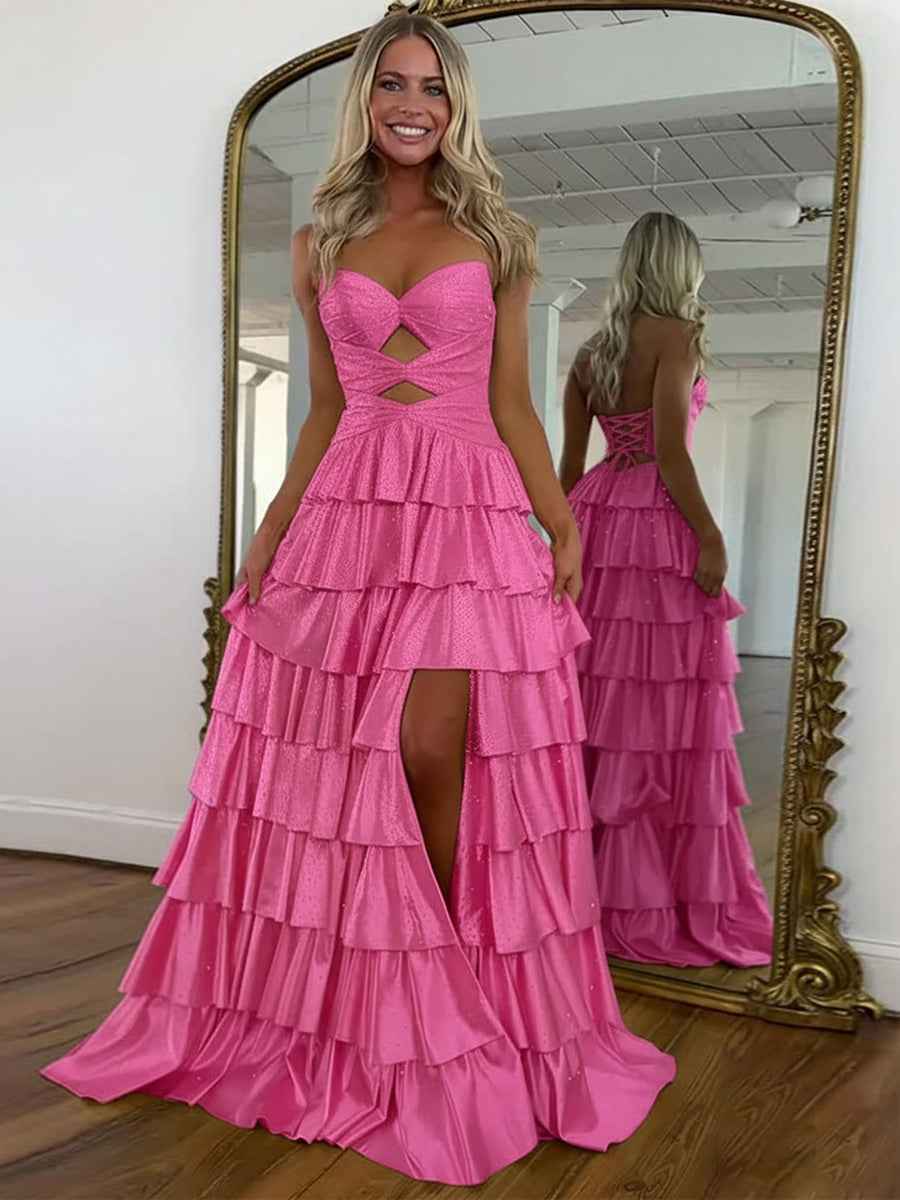 A Line Strapless Sweetheart Satin Prom Dress with Keyhole