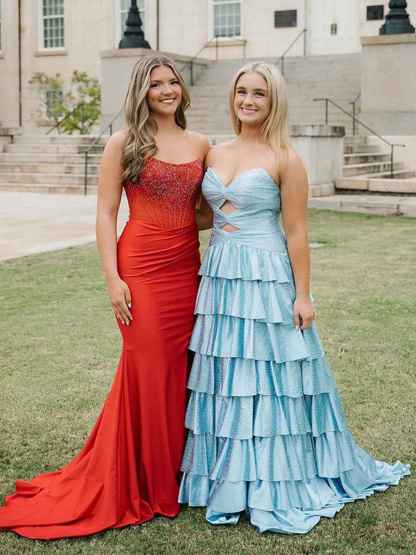 A Line Strapless Sweetheart Satin Long Prom Dress with Keyhole