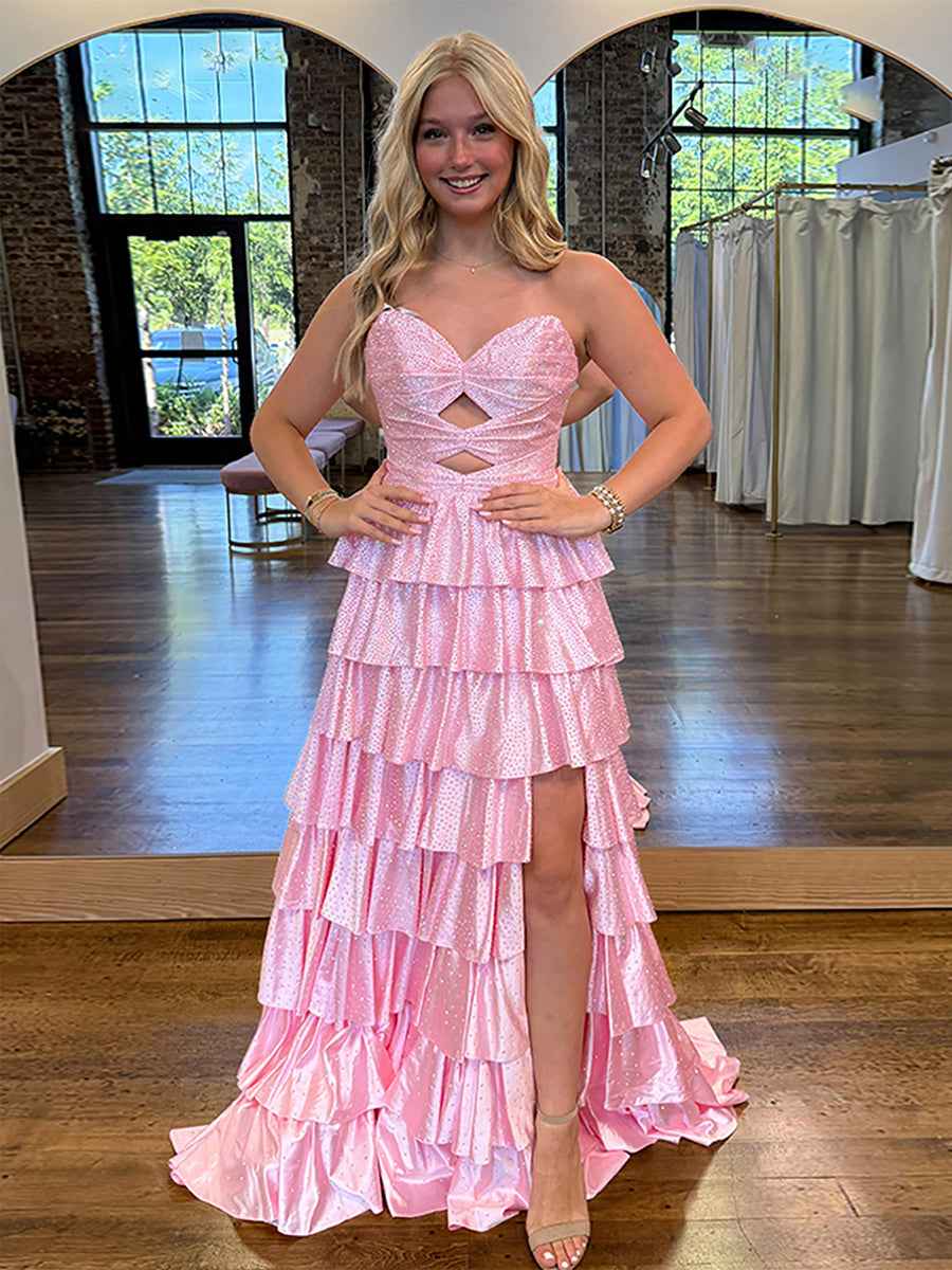 A Line Strapless Sweetheart Satin Long Prom Dress with Keyhole