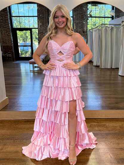 A Line Strapless Sweetheart Satin Long Prom Dress with Keyhole