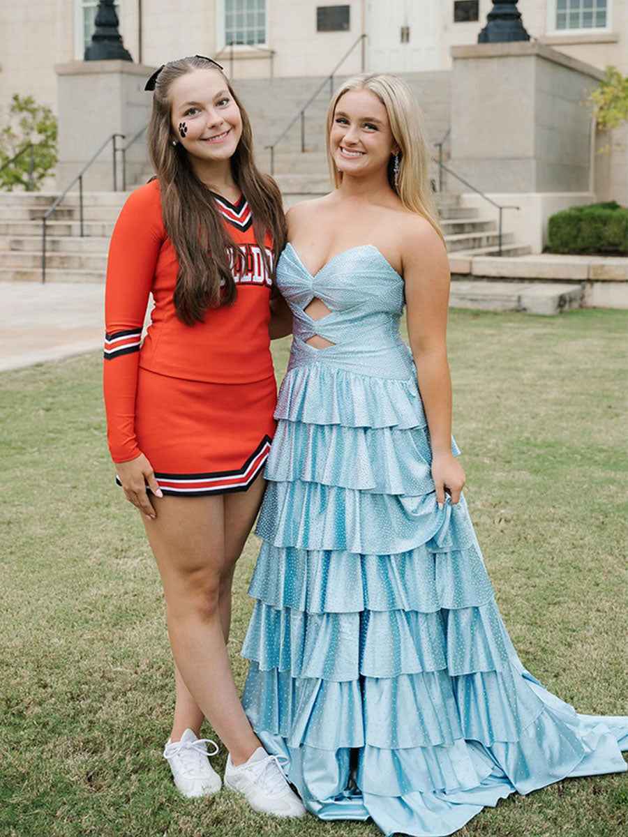 A Line Strapless Sweetheart Satin Long Prom Dress with Keyhole