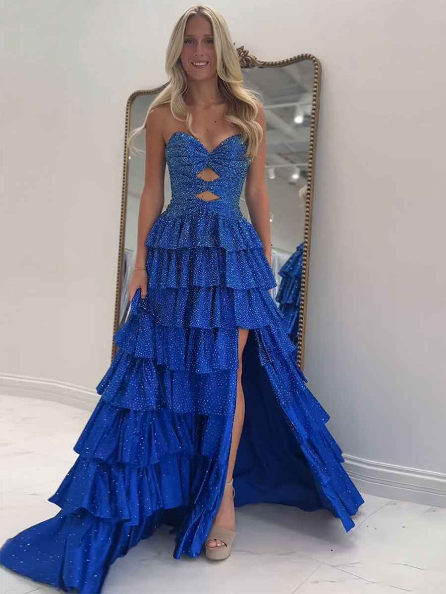 A Line Strapless Sweetheart Satin Long Prom Dress with Keyhole