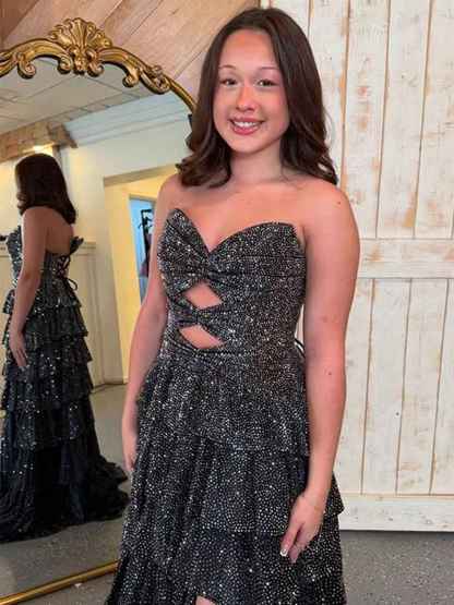 A Line Strapless Sweetheart Satin Long Prom Dress with Keyhole