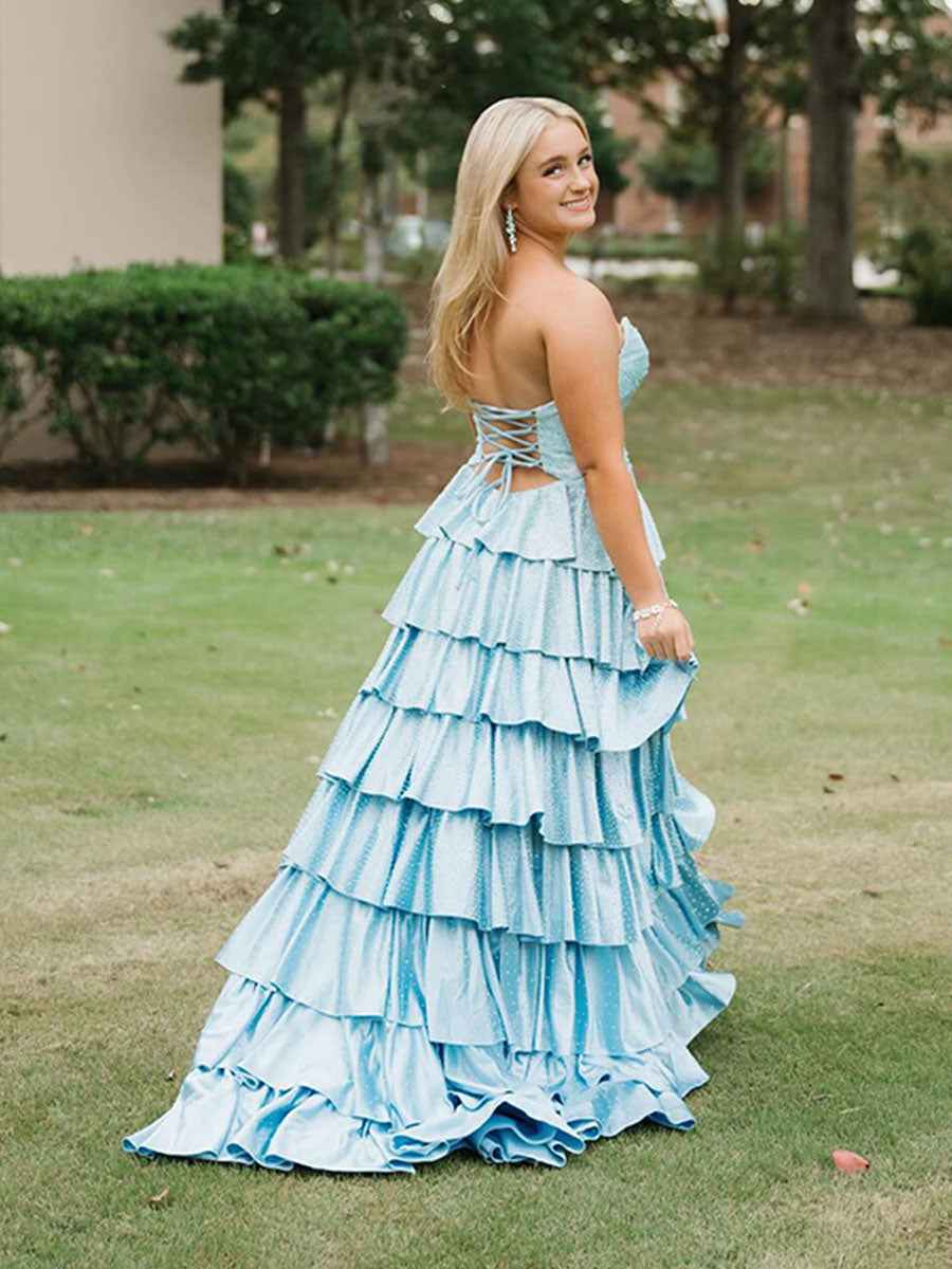 A Line Strapless Sweetheart Satin Long Prom Dress with Keyhole
