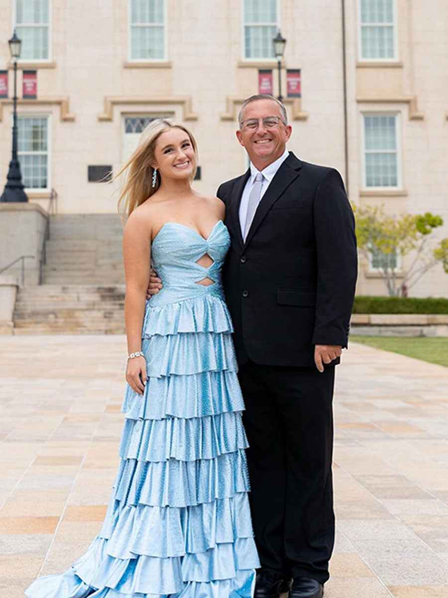 A Line Strapless Sweetheart Satin Long Prom Dress with Keyhole