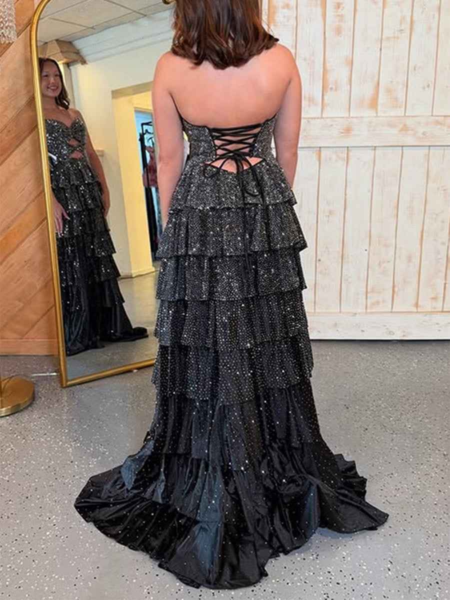 A Line Strapless Sweetheart Satin Long Prom Dress with Keyhole