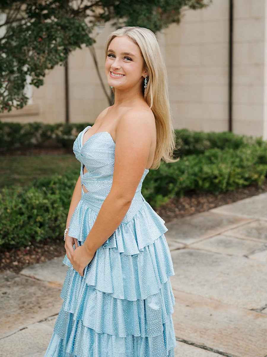 A Line Strapless Sweetheart Satin Long Prom Dress with Keyhole