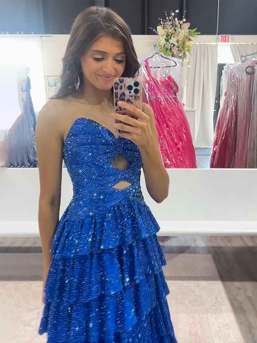 A Line Strapless Sweetheart Satin Long Prom Dress with Keyhole