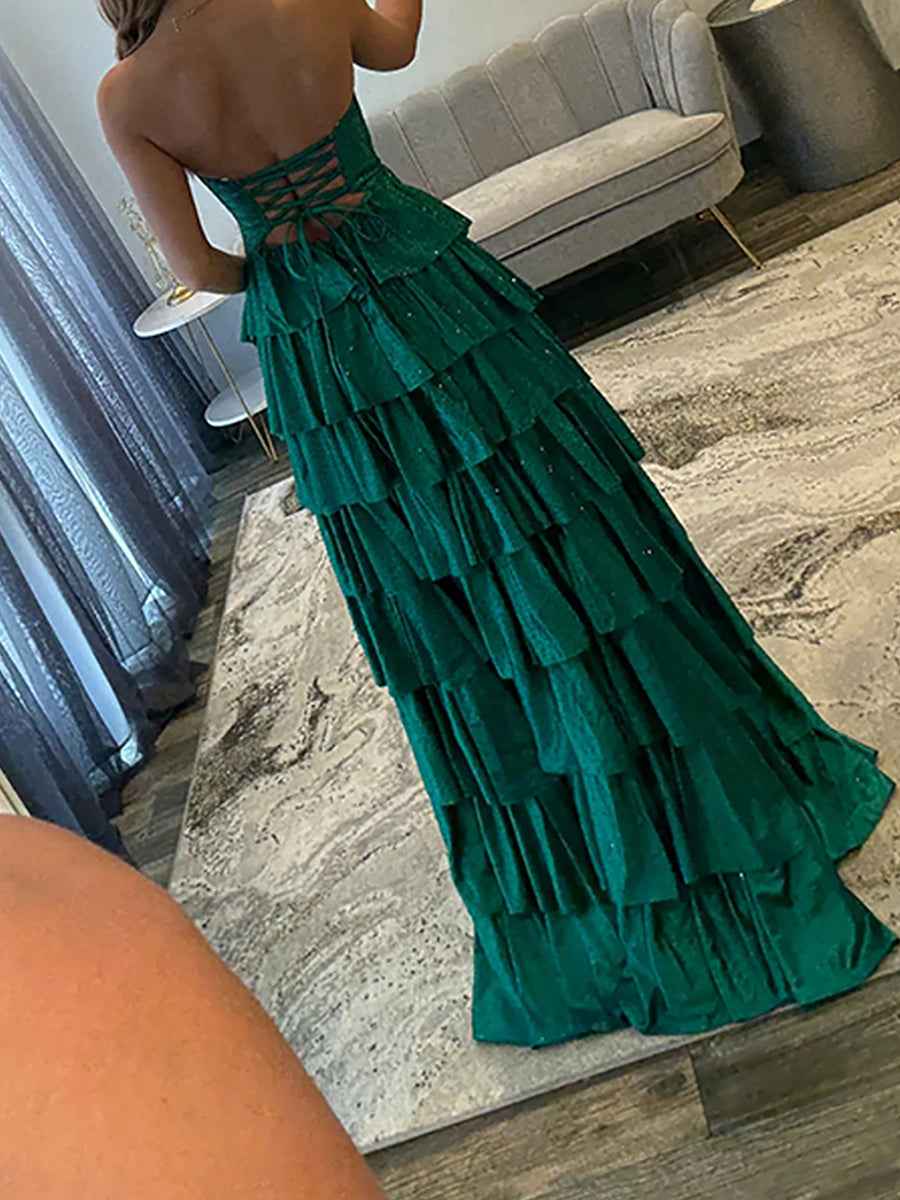 A Line Strapless Sweetheart Satin Long Prom Dress with Keyhole