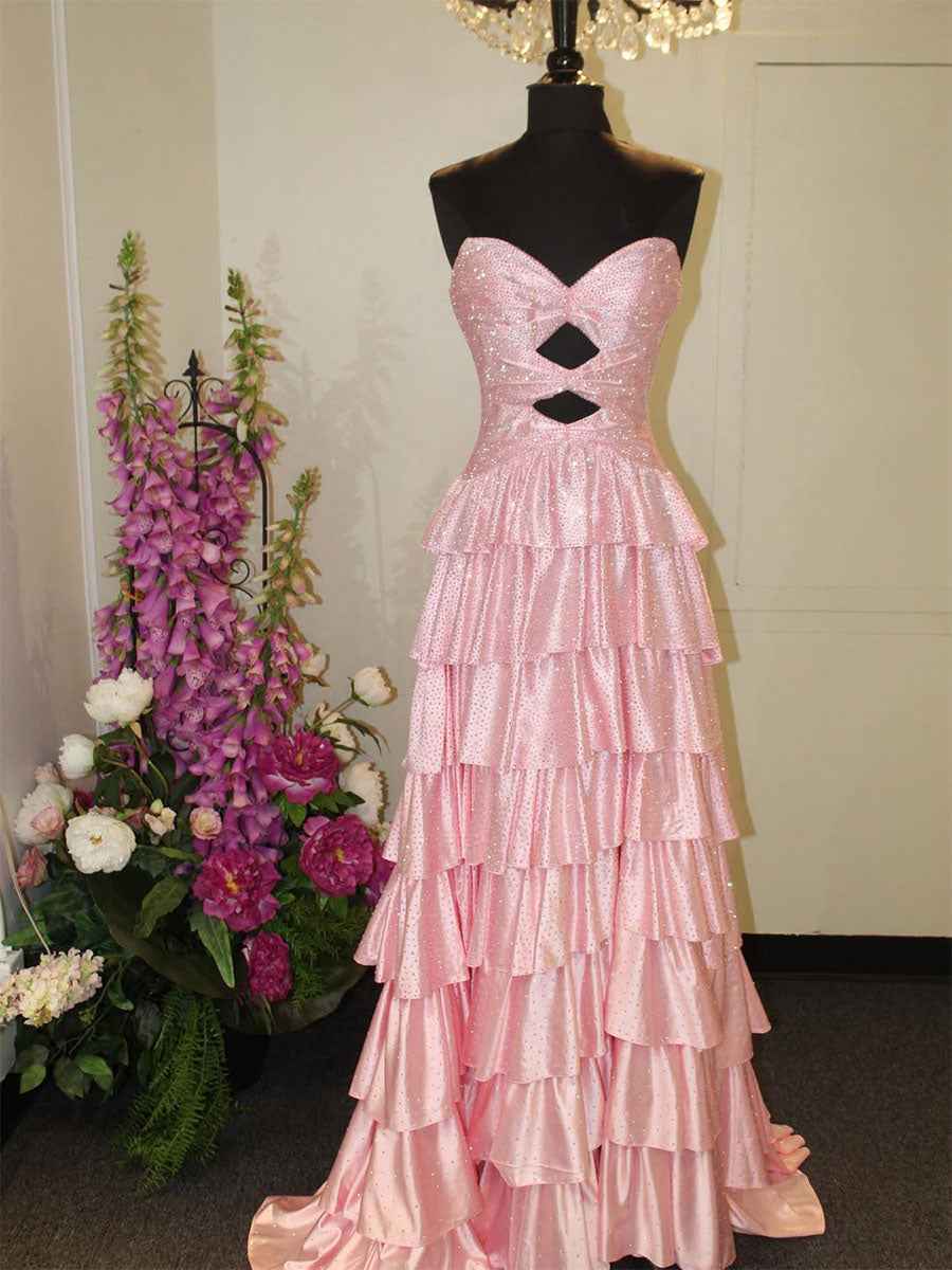 A Line Strapless Sweetheart Satin Prom Dress with Keyhole