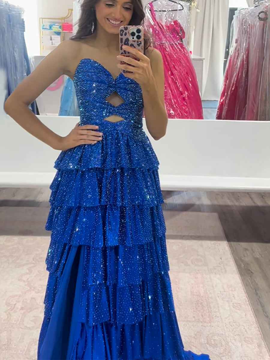 A Line Strapless Sweetheart Satin Long Prom Dress with Keyhole