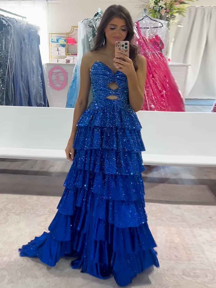 A Line Strapless Sweetheart Satin Long Prom Dress with Keyhole