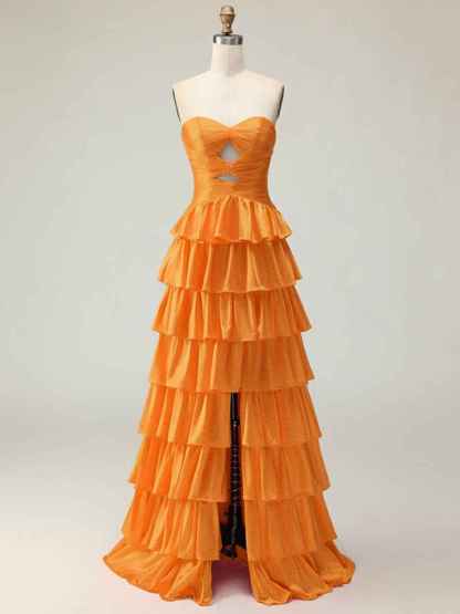 A Line Strapless Sweetheart Satin Prom Dress with Keyhole