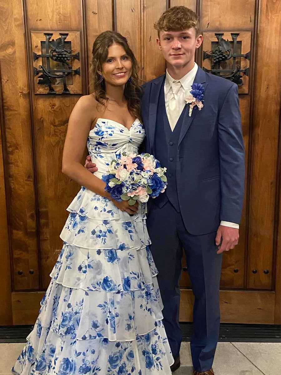 A-Line Strapless V-Neck Tiered Printing Long Prom Dress