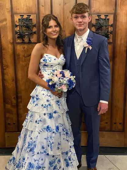 A-Line Strapless V-Neck Tiered Printing Long Prom Dress