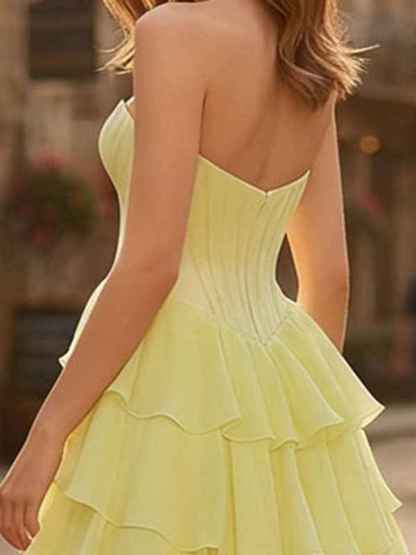 A-Line Sweetheart Cascading Ruffles Chiffon Corset Prom Dress