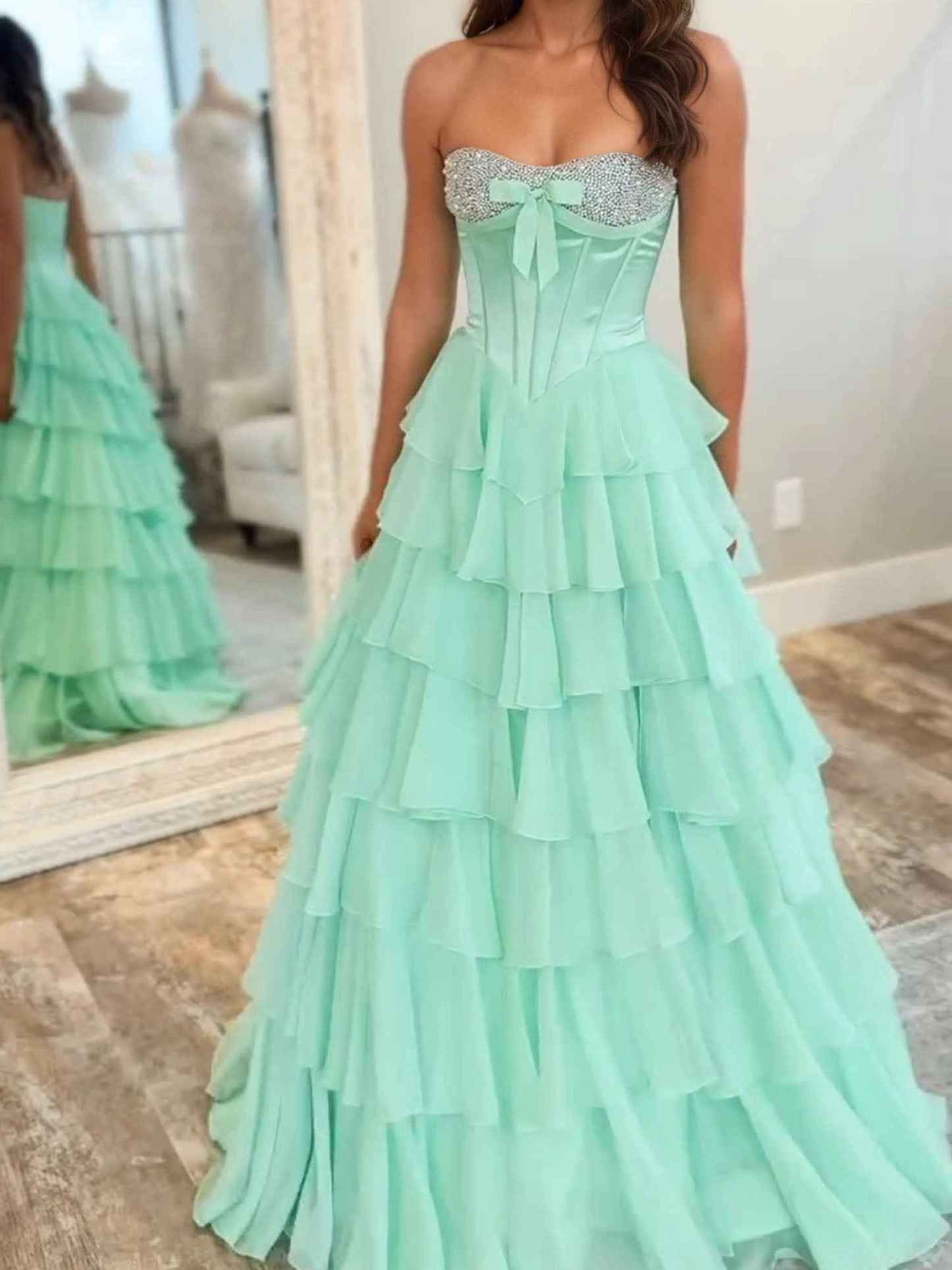A Line Sweetheart Tiered Chiffon Long Prom Dress with Beading