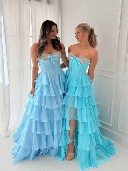 A Line Sweetheart Tiered Chiffon Long Prom Dress with Beading