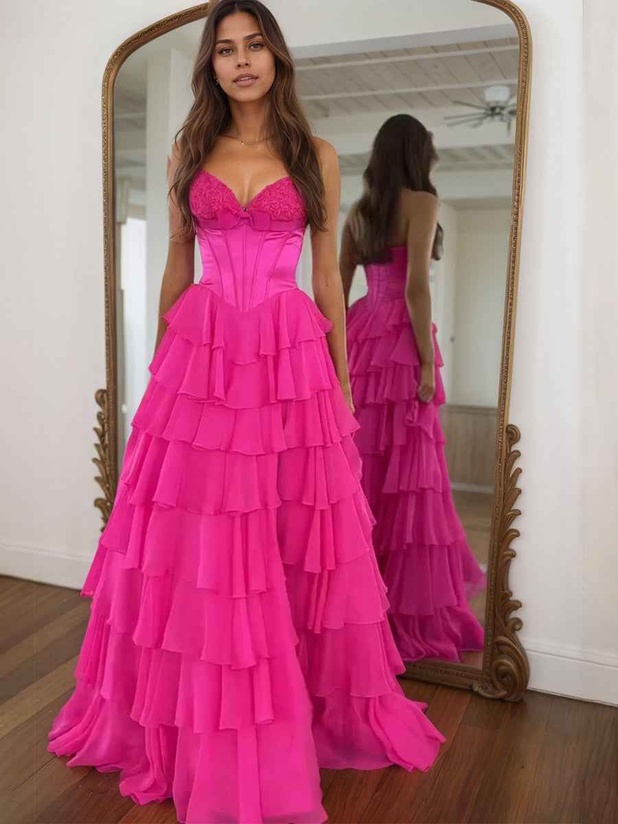 A Line Tiered Strapless Corset Long Prom Dress with Slit