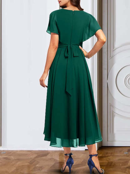 V-Neck Short Sleeve Chiffon Mother of the Bride A-Line Dress with Belt