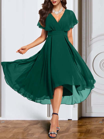 V-Neck Short Sleeve Chiffon Mother of the Bride A-Line Dress with Belt