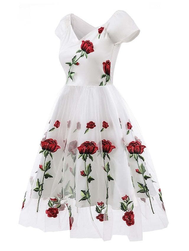 Knee-length A-line party dress with off-the-shoulder short sleeves and embroidery appliques