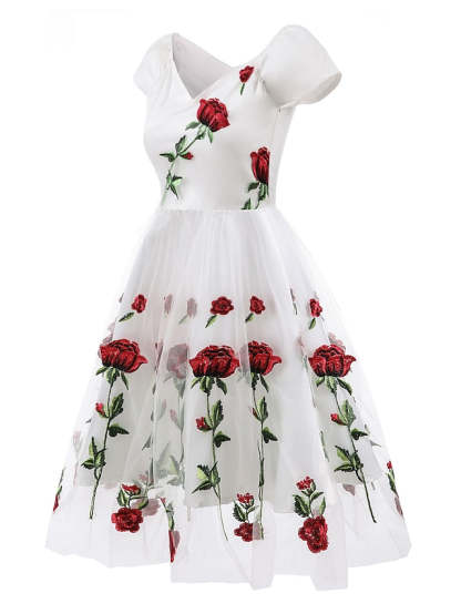 Knee-length A-line party dress with off-the-shoulder short sleeves and embroidery appliques