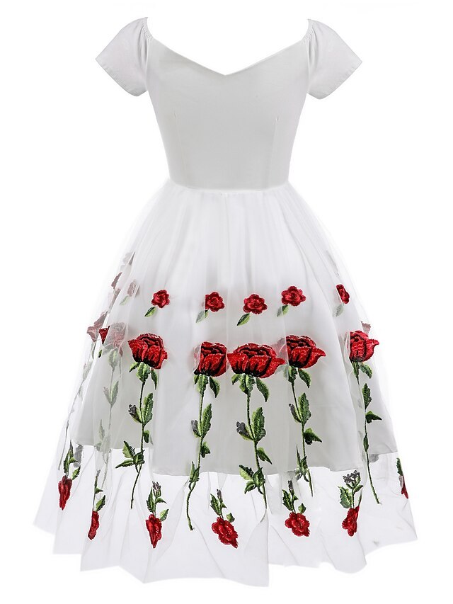 Knee-length A-line party dress with off-the-shoulder short sleeves and embroidery appliques