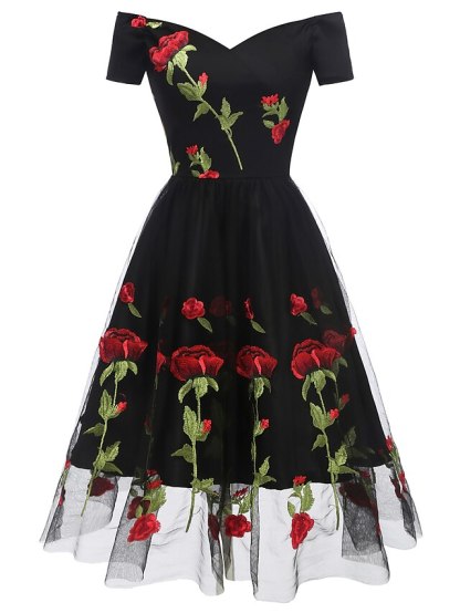 Knee-length A-line party dress with off-the-shoulder short sleeves and embroidery appliques