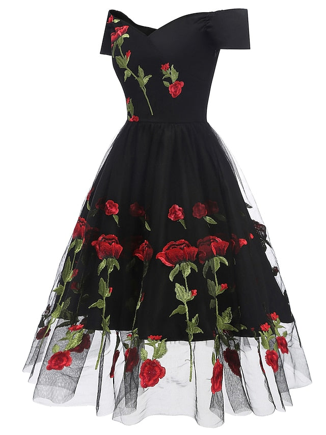 Knee-length A-line party dress with off-the-shoulder short sleeves and embroidery appliques