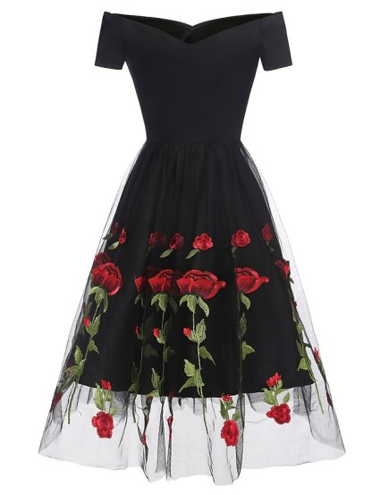 Knee-length A-line party dress with off-the-shoulder short sleeves and embroidery appliques