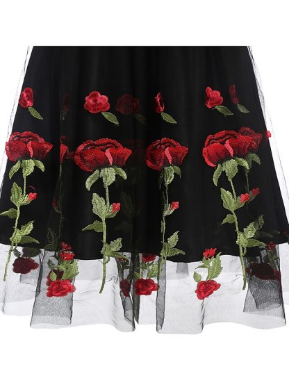 Knee-length A-line party dress with off-the-shoulder short sleeves and embroidery appliques