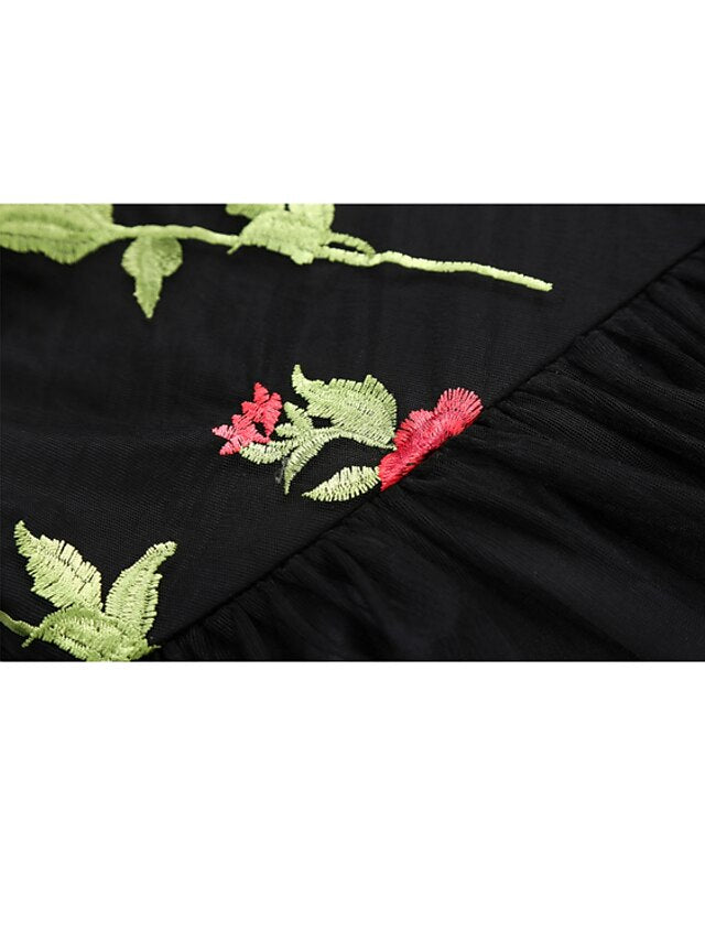 Knee-length A-line party dress with off-the-shoulder short sleeves and embroidery appliques