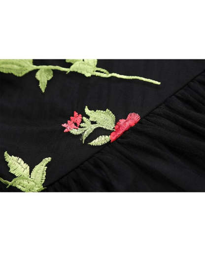 Knee-length A-line party dress with off-the-shoulder short sleeves and embroidery appliques