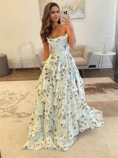 A-Line Floral Sweetheart Rhinestone Long Prom Dress