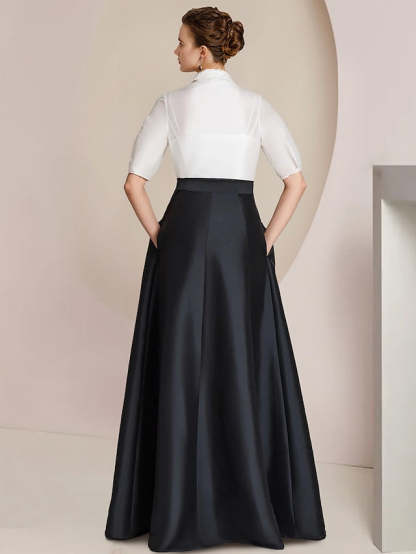 Princess A-Line Shirt Collar Floor-Length 2-Piece Mother of the Bride Dress with Bowknot Short Sleeves-BMbridal.UK