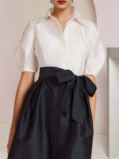 Princess A-Line Shirt Collar Floor-Length 2-Piece Mother of the Bride Dress with Bowknot Short Sleeves-BMbridal.UK
