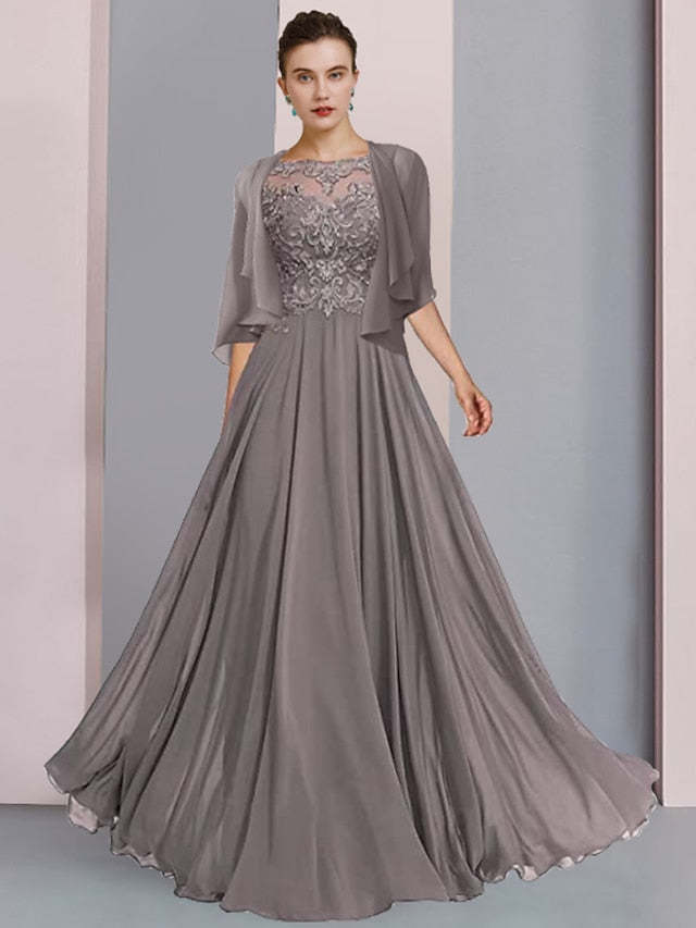 Floor-Length A-Line Mother of the Bride Dress with Princess Scoop Neckline