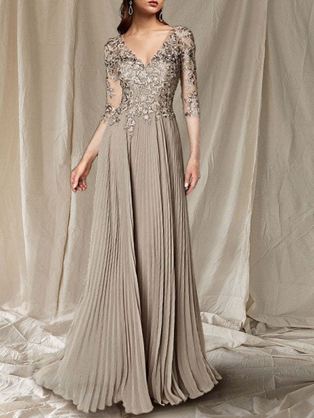V-Neck Floor-Length A-Line Princess Gown for the Mother of the Bride