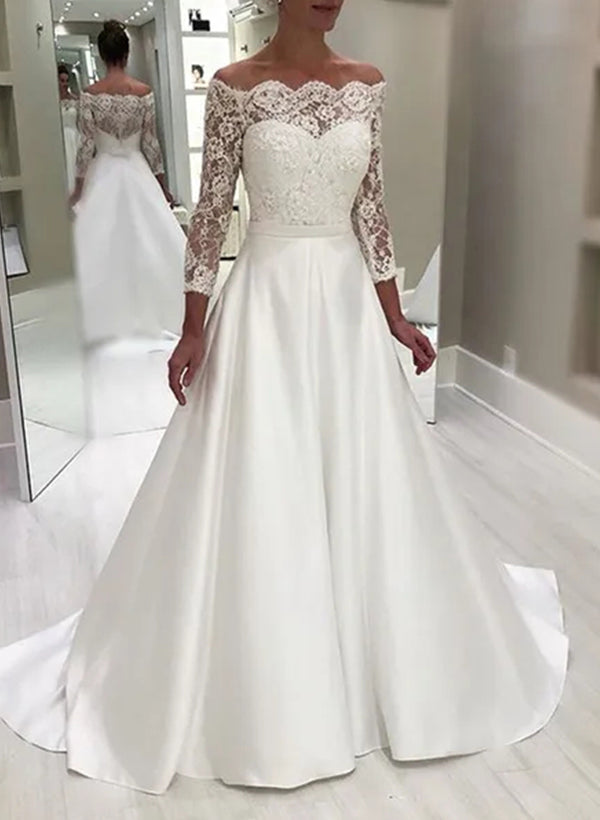 Floor-length Off-the-Shoulder Lace Wedding Dress in A-Line/Princess Style