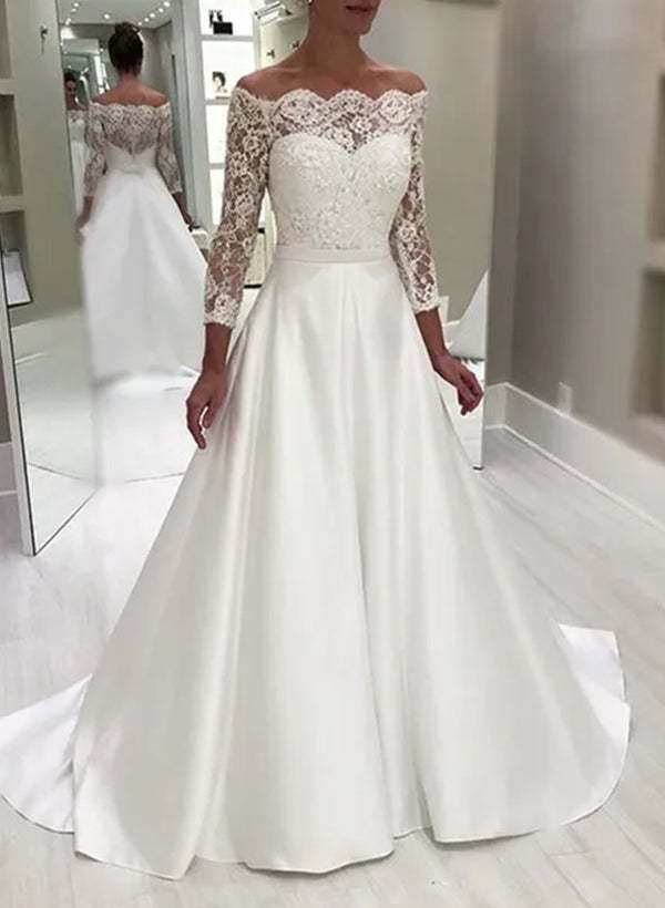 Floor-length Off-the-Shoulder Lace Wedding Dress in A-Line/Princess Style