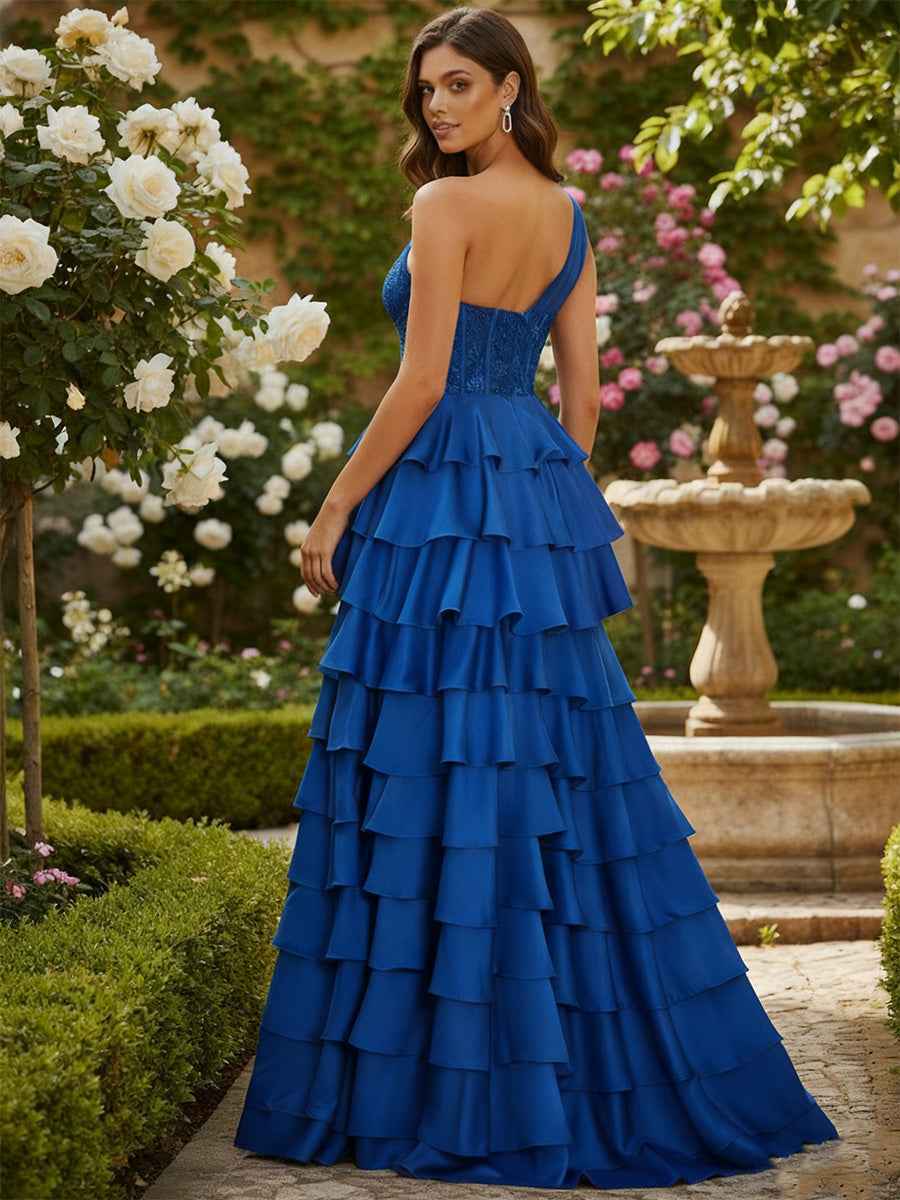 A-Line One-Shoulder Stretch Satin Ruffle Slit Prom Dress with Beaded Appliques