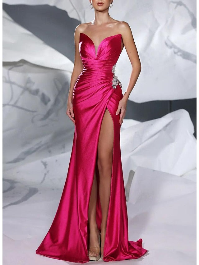V-Neck Sleeveless Floor-Length Floral Evening Dress with Side Split Ruffles Sash and Sequins