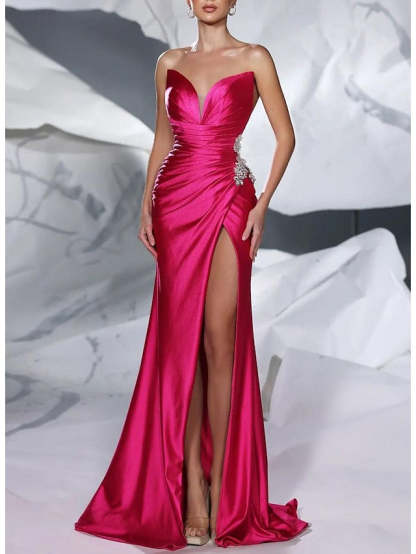V-Neck Sleeveless Floor-Length Floral Evening Dress with Side Split Ruffles Sash and Sequins