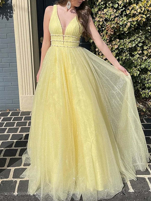 V-Neck A-Line Princess Prom Dresses Floor-length