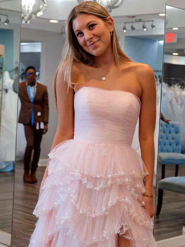 Glitter Light Blue A-Line Strapless Tulle Long Prom Dress with Ruffled Skirt