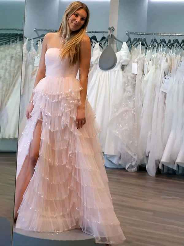 Glitter Light Blue A-Line Strapless Tulle Long Prom Dress with Ruffled Skirt