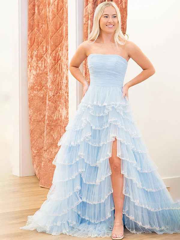 Glitter Light Blue A-Line Strapless Tulle Long Prom Dress with Ruffled Skirt