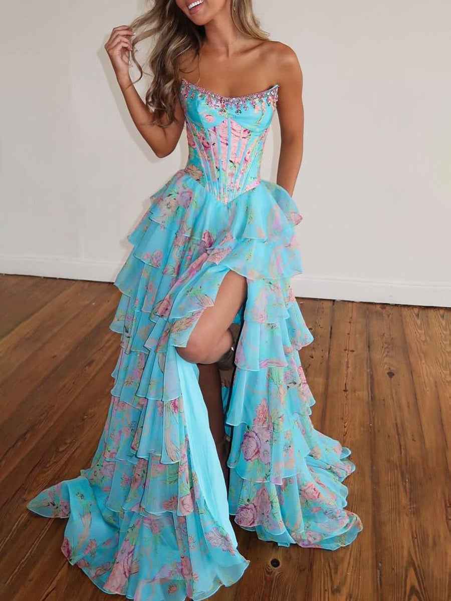 A-Line Strapless Print Ruffles Tiered Long Prom Dress